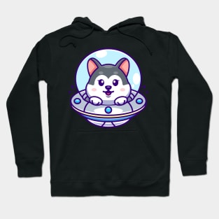 Cute husky flying with spaceship ufo cartoon Hoodie